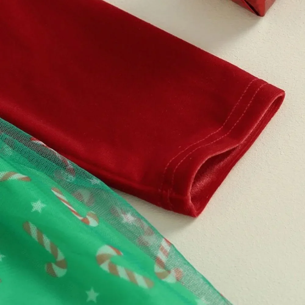 Christmas Girls Candy Cane Long Sleeve Velour Dress and Headband
